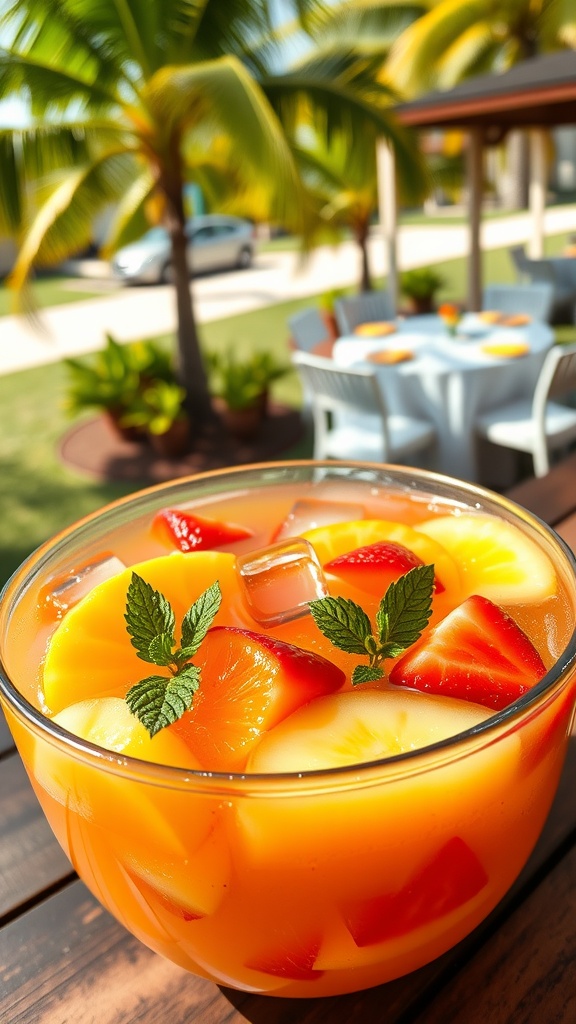 A colorful bowl of tropical rum punch with fresh fruits and mint, set in a sunny outdoor scene.
